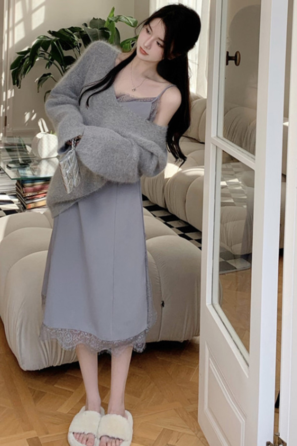 카라 숙녀룩 루즈핏 스웨터+레이스 민소매 나시 슬릿 원피스 투피스SET (브라운,그레이)