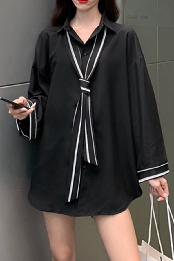 배색 넥타이 포인트 오버핏 셔츠 (화이트,블랙)