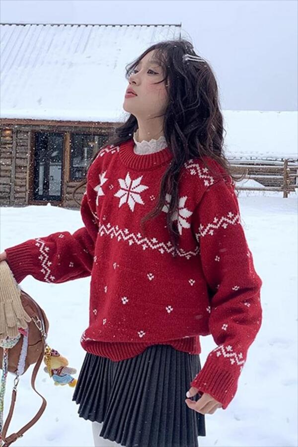 벚꽃라벨🌸 레드 노르딕 크리스마스 눈꽃 자카드 라운드넥 루즈핏 니트 스웨터