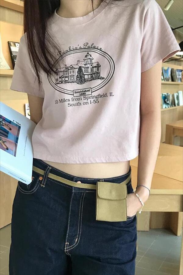 벚꽃라벨🌸 그림액자 핑크 반팔 숏 크롭 티셔츠