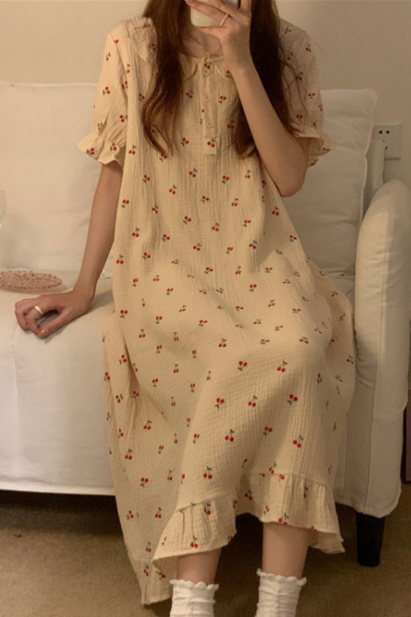 체리 패턴 큐티 카라 루즈핏 홈파자마 롱원피스 잠옷