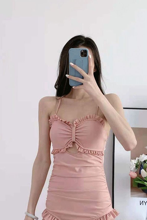 러플 디자인 백트임 원피스 수영복 (핑크,블랙)