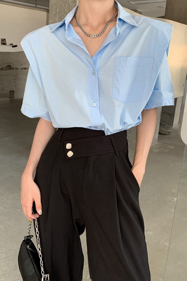 로이 캐주얼룩 파워숄더 포켓 반팔 셔츠 (화이트,블루,블랙)