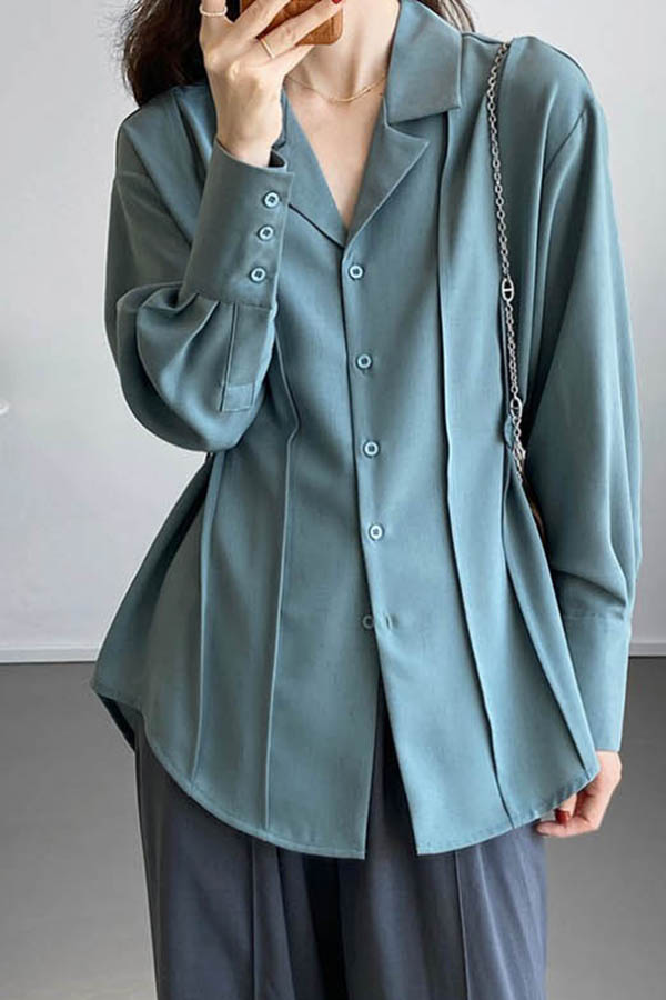 핀턱 파자마카라 오버핏 셔츠 (블루,살구베이지)