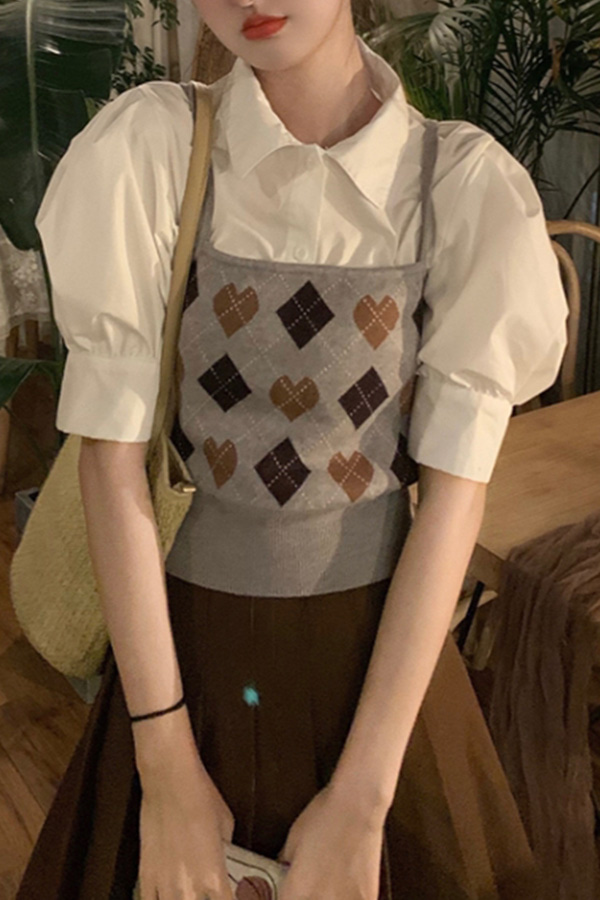 제리 소녀룩 화이트 카라넥 퍼프 반소매 셔츠+다이아 하트 패턴 니트 민소매 나시 상의 탑 SET
