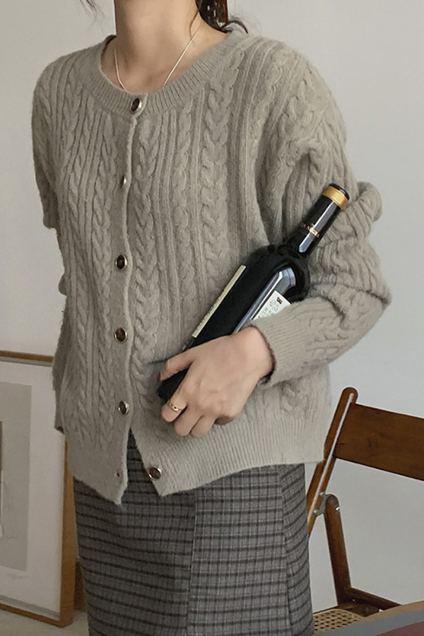 햅번 여성 페미닌룩 유넥 긴소매 롱슬리브 꽈배기 꼬임 패턴 니트 스웨터 싱글 브레스트 버튼 가디건 (그레이,블루,커피)