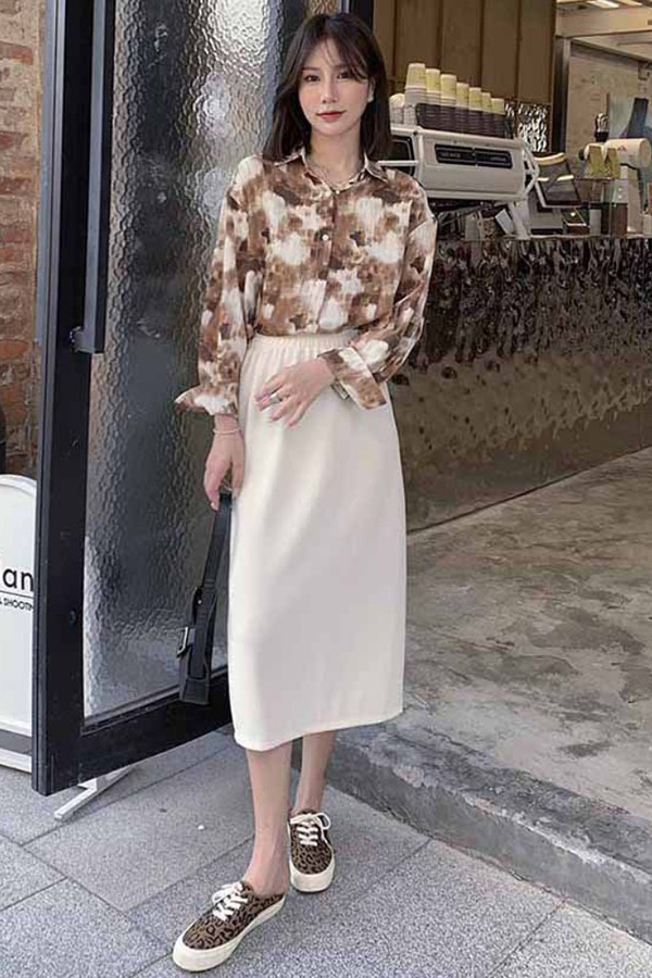 브러쉬터치 여성 일상 데일리 유니크룩 디자인 패턴 카라넥 긴소매 롱슬리브 오버핏 셔츠 (그레이,커피)