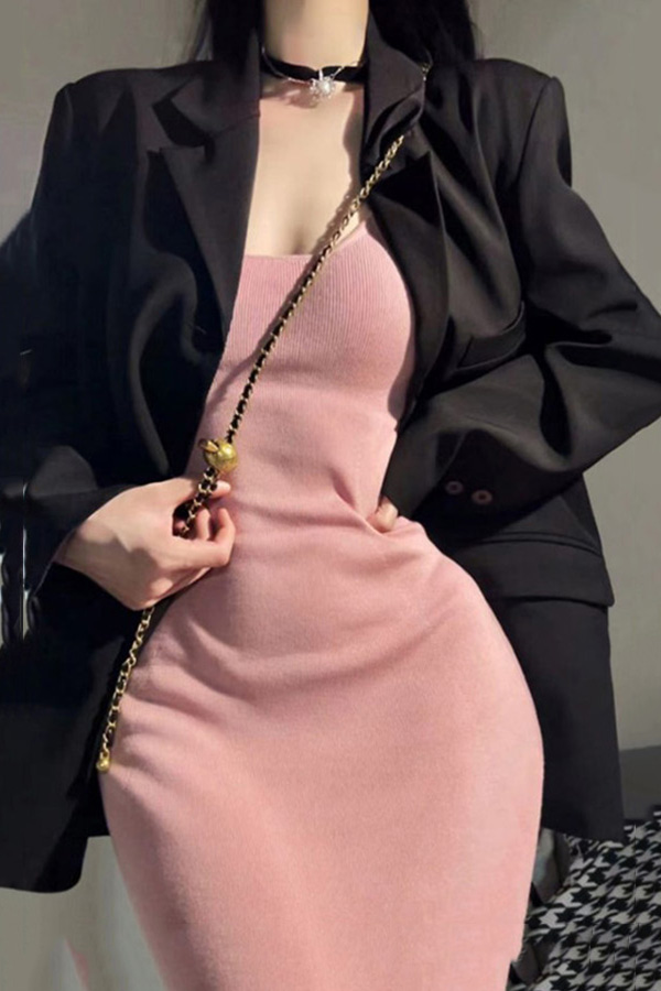 블랙 자켓+핑크 원피스 세트