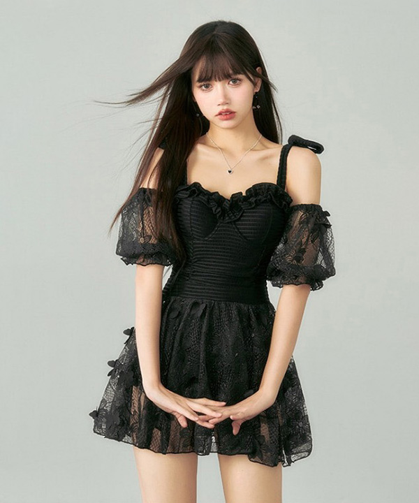 에띠앙 반팔 시스루 오프숄더 블랙 미니 원피스수영복